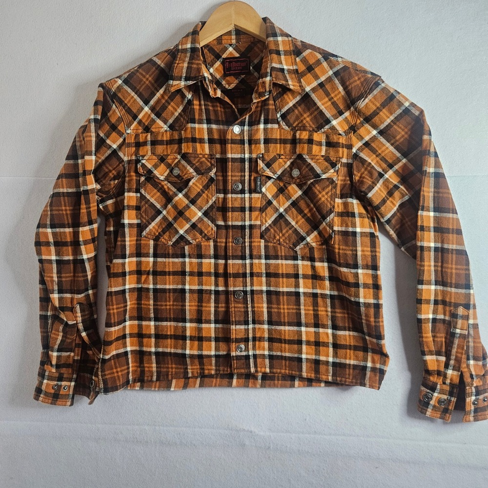 FiveBrother Mens Orange Brown Plaid Flannel Western Shirt Style 5530 Size M-R